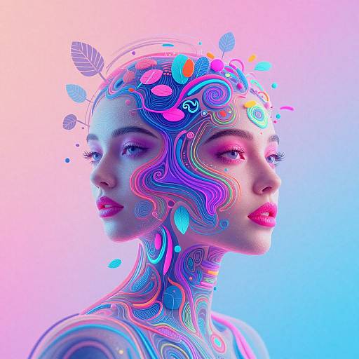 Digital artwork of a futuristic, glowing woman with neon blue, pink, and purple swirls on her face and neck, surrounded by colorful leaves, set