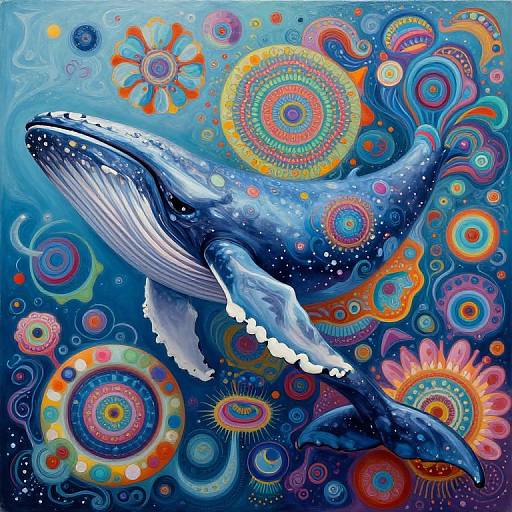 Vibrant digital painting of a blue humpback whale with white underbelly amidst colorful, swirling circles and sunflowers in a blue ocean background