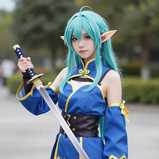 Photograph of a young woman cosplaying as a blue-haired elf with pointed ears, holding a katana, wearing a blue and gold armored outfit,