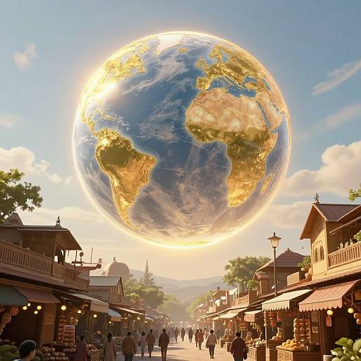 Photograph of a bustling market street at sunset with a glowing, oversized Earth hovering in the sky, surrounded by colorful stalls.