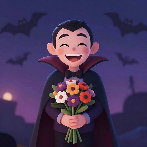 Cozy Whimsical Vampire Holding a Bouquet