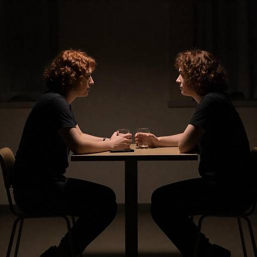 Two People Sitting at Table in Dim Light