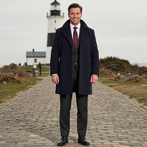 Photograph of a smiling man in a black coat, tie, and black pants standing on a cobblestone path with a white lighthouse in the
