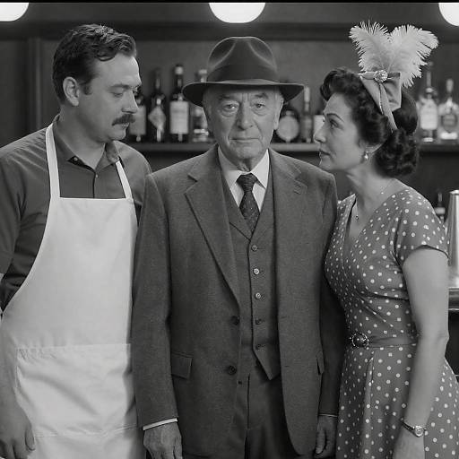Vintage Black and White Portrait of Three People at Bar