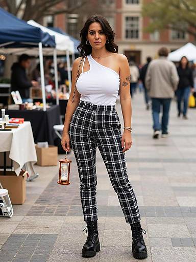 Photograph of a dark-haired woman in white one-shoulder top, black-and-white plaid pants, black platform boots, holding lantern, standing