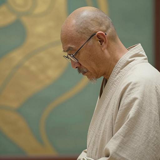 Middle-aged Man in Light Robe with Bowed Head