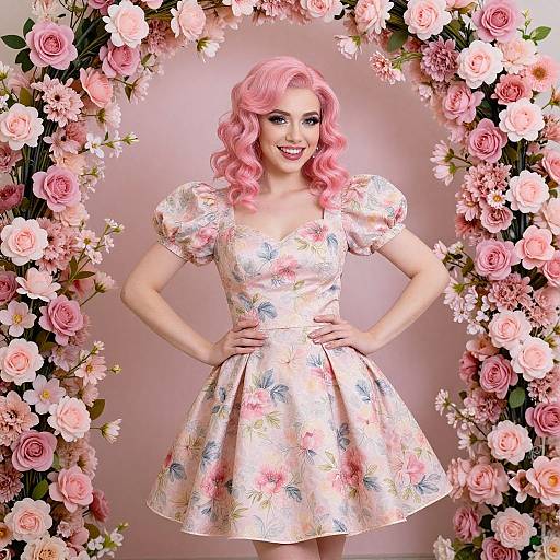 Photograph of a smiling woman with pink curly hair, wearing a floral pink and white puffy-sleeve dress, standing in front of a pink
