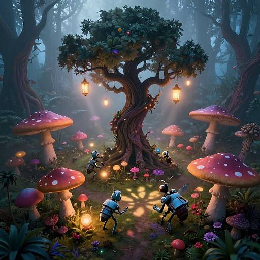 Digital fantasy artwork of two blue insects illuminating a whimsical forest with glowing mushrooms, fairy lights on a magical tree.