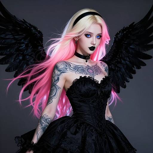 Digital artwork of a pale-skinned, blue-eyed woman with long pink and white hair, black lace dress, black wings, and intricate tattoos, against
