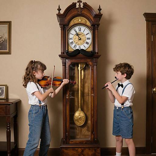 Photograph of two children, one playing violin, the other blowing into a whistle, standing in front of a vintage wooden clock. Both wear white shirts