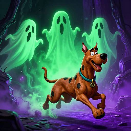 Digital cartoon of Scooby-Doo, brown dog with black spots, blue collar, running excitedly in a spooky forest with glowing green ghosts.
