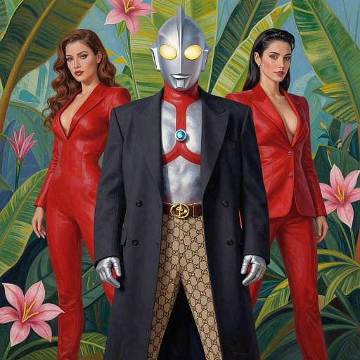 Digital artwork of a silver robot in a black coat and gold-patterned pants, flanked by two women in red leather suits, set against a lush