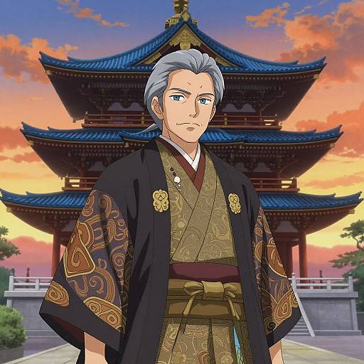 Regal Anime Portrait at Sunset Temple