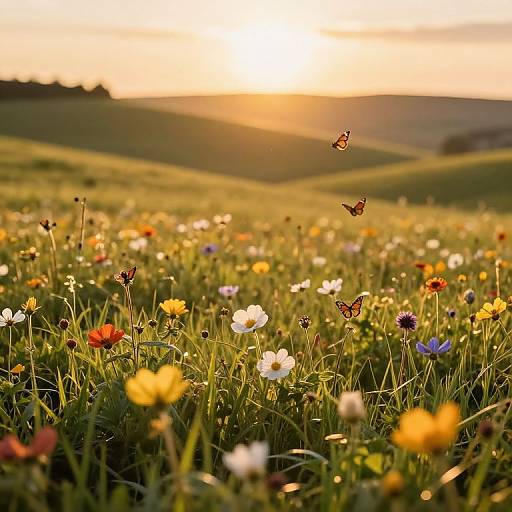 Sunset over a vibrant meadow with colorful wildflowers, yellow and white blooms, and fluttering butterflies, set against rolling green hills.