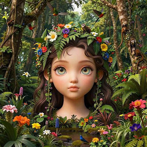 Digital illustration of a wide-eyed, fair-skinned fairy girl with large blue eyes, dark wavy hair, and a colorful flower crown, surrounded by