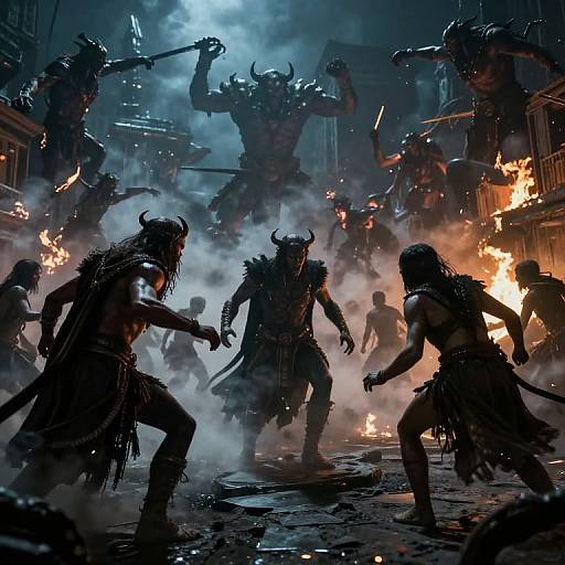 Photorealistic CGI of a chaotic battle between horned, tribal warriors with flaming torches, set against a smoky, blue-lit urban backdrop