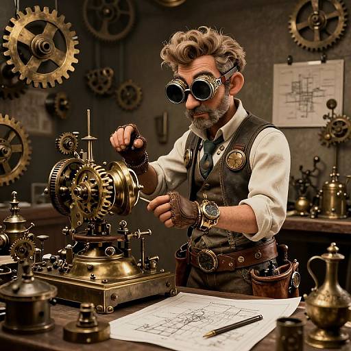 Steampunk inventor with goggles, gray beard, and brass vest adjusts intricate clockwork machine in a gear-filled workshop. Digital art.