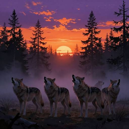 Photograph of a vivid sunset with a bright orange sky, silhouetted pine trees, and four wolves standing in misty forest.