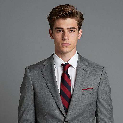 Young Man in Gray Suit with Red and Black Striped Tie