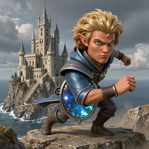 Digital art of a fierce, blonde, elf warrior with green eyes and pointed ears, crouching on a cliff, wearing blue armor with glowing blue
