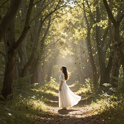 Photograph of a woman in a flowing white dress standing on a sunlit forest path, surrounded by fluttering butterflies, surrounded by tall trees.