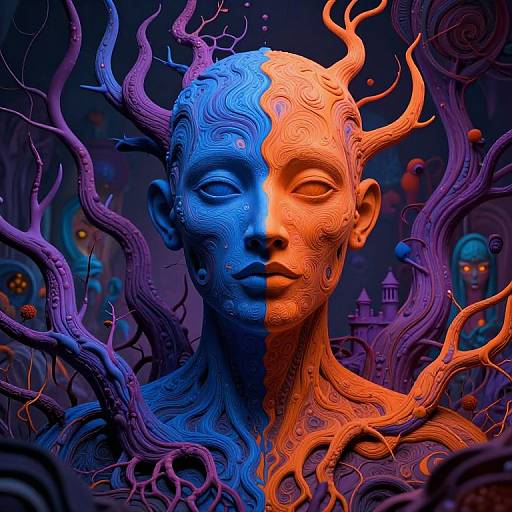 Digital artwork of a split-faced, surreal humanoid with blue and orange hues, surrounded by intricate, twisting branches against a dark, fantasy-like background.