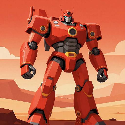 Giant Armored Crimson Mech in Desert