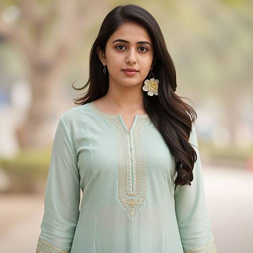 Photograph of a young South Asian woman with long black hair, wearing a light turquoise kurta with gold embroidery, yellow flower earring, and standing