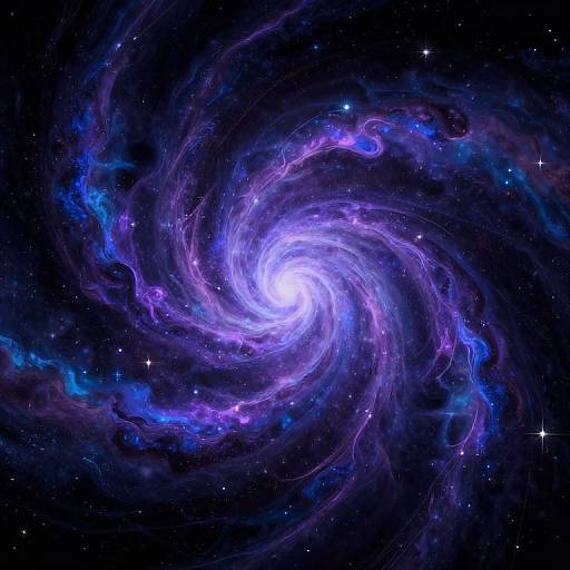 Photograph-like digital artwork of a vibrant, swirling galaxy with a bright white core, surrounded by purple and blue nebulous clouds in a star-filled black