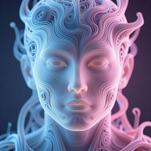 Digital CGI of a glowing, ethereal face with intricate, wave-like patterns in blue and pink, set against a dark background.