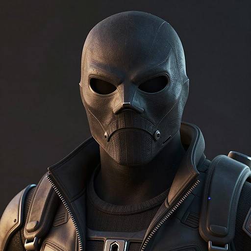 CGI image of a mysterious, armored figure in a black leather mask with a textured surface, wearing a black tactical vest, against a dark blue background