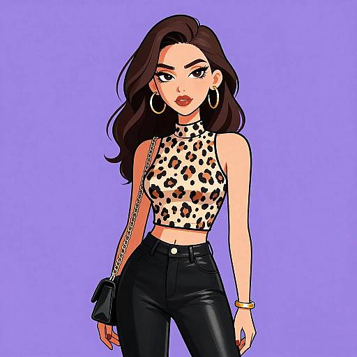 Digital illustration of a confident woman with long brown hair, wearing a leopard-print crop top, black leather pants, large hoop earrings, gold bracelet, and