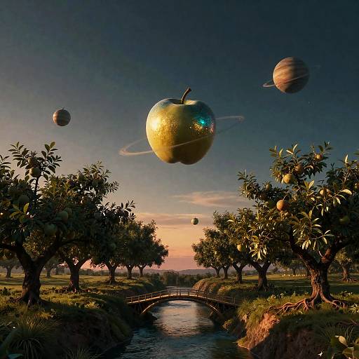 Digital artwork of a surreal orchard at sunset with floating planets, including a glowing apple planet, beside a winding stream.