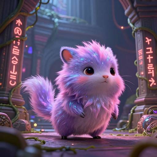 Fluffy Lavender Creature in Ruined Temple