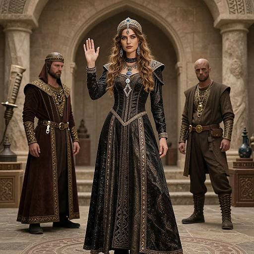 Photograph-style CGI: Regal woman in ornate black gown with gold embroidery, waving hand, flanked by two medieval men in brown robes,