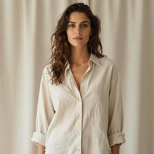 Photograph of a woman with wavy brown hair, wearing a white, button-down, loose-fitting shirt, standing against a softly lit, beige