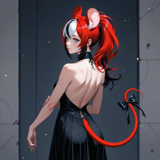 Anime Girl with Red Tail and Ears in Black Dress