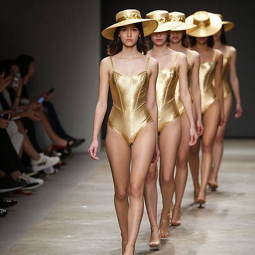 Photograph of five slender models walking a runway in gold metallic one-piece swimsuits and wide-brimmed gold hats, with audience in dim background.