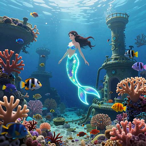 Digital artwork of a glowing mermaid with long brown hair, swimming among colorful coral reefs, fish, and ancient underwater ruins.