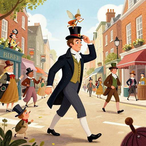 Victorian-era street scene in vibrant digital illustration: men in top hats and coats, women in dresses, child with poodle, shop signs, sunny