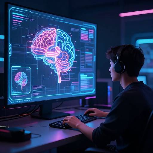 Photograph of a young man with black hair wearing headphones, sitting in a dimly lit room, focused on a neon blue and pink brain illustration on