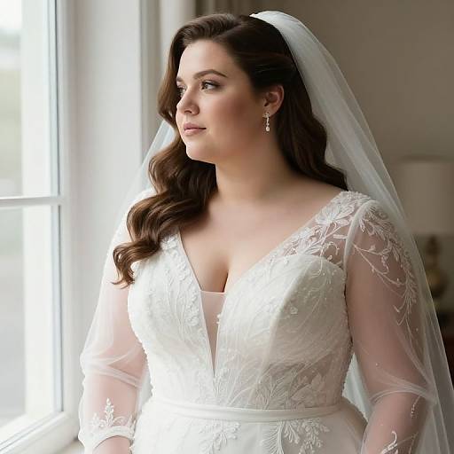 Photograph of a beautiful, curvy, fair-skinned bride with long brown hair, wearing a white lace wedding dress with a deep V-neck and