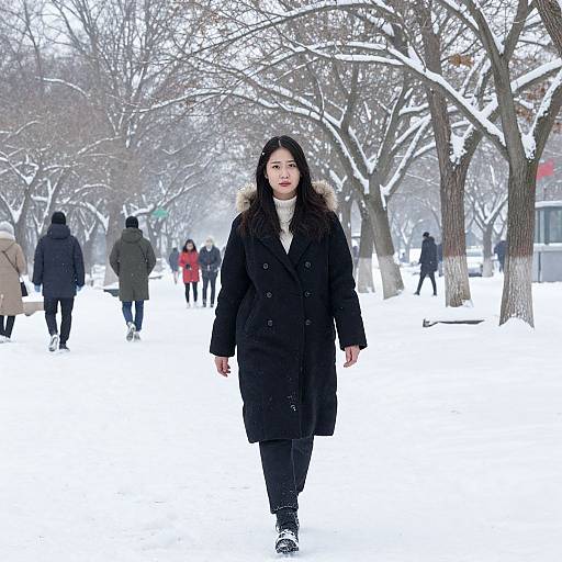 Photograph of an Asian woman with long black hair, wearing a black coat and black pants, walking through a snowy park with bare trees and other people