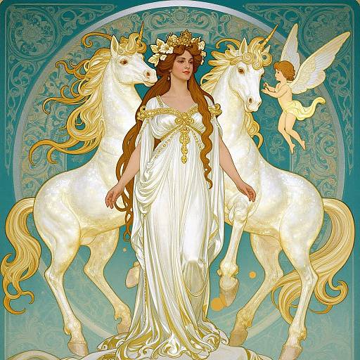 Digital art: Fair-skinned woman with long brown hair, wearing a white, gold-accented gown and floral crown, stands between two white unic