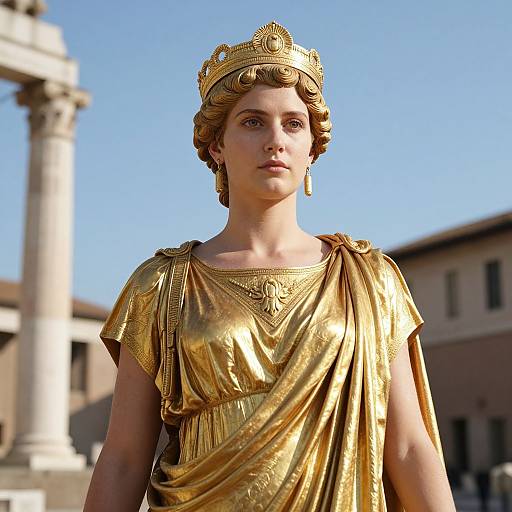 Photograph of a young woman with fair skin, wearing a gold, ancient Roman-style dress and crown, standing outdoors with a clear blue sky and classical