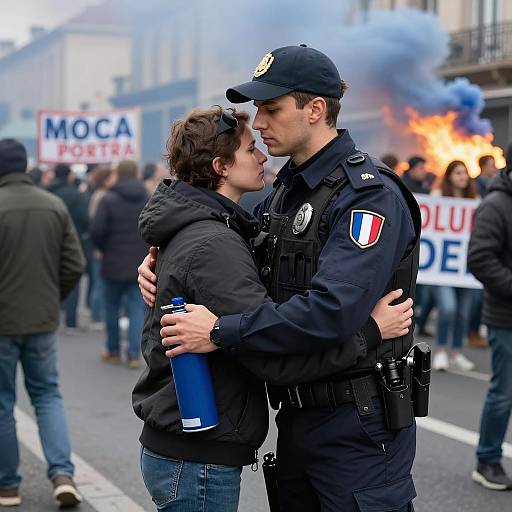 French Policeman Embracing Female Demonstrator Amid Protest