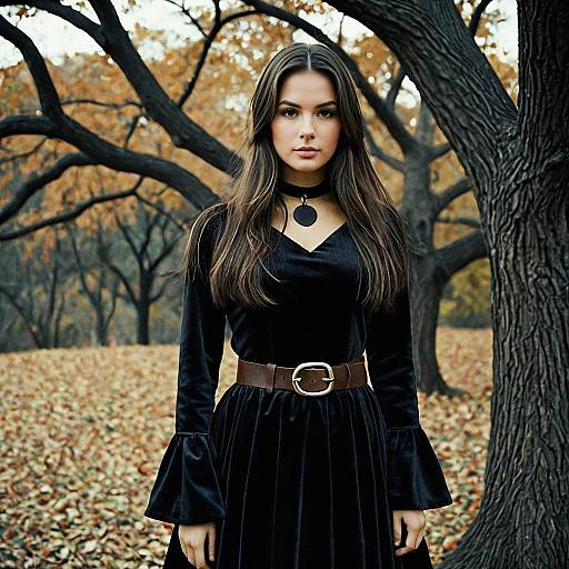 Woman in Black Dress with Choker Outdoors in Autumn
