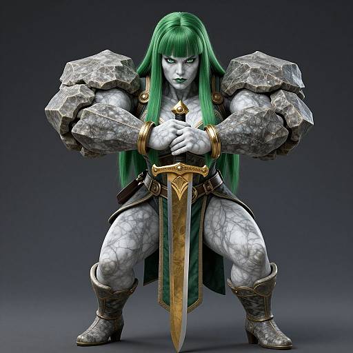 Digital artwork of a muscular, blue-skinned female warrior with green hair, holding a golden sword, wearing armored gauntlets and boots, crou