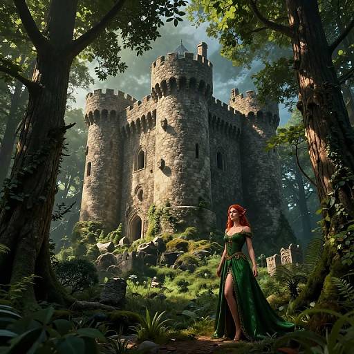 Digital fantasy artwork of a red-haired woman in a green, strapless gown standing before a sunlit, moss-covered medieval castle in a dense forest.