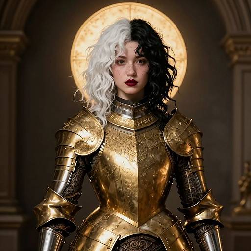 Photorealistic digital artwork of a fair-skinned woman with black-and-white wavy hair, wearing ornate golden medieval armor, standing against a glowing